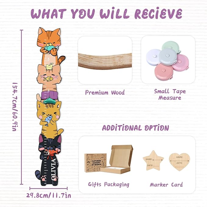 Woodemon Personalized Name Growth Chart for Wall, Kitten Eating Fish Wooden Height Chart, Thick Height Measuring Board for Boys and Girls, Measurement Ruler for Kids, Easy to Install