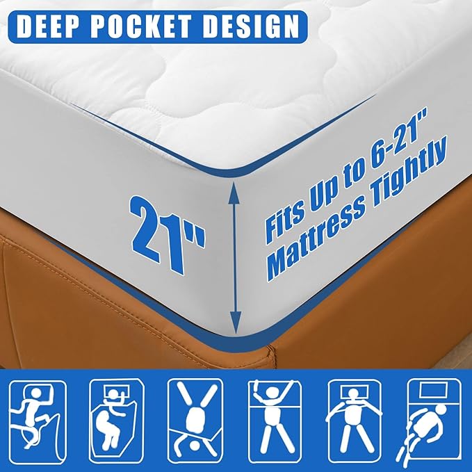 Waterproof Mattress Protector Twin Size, 6''-21'' Deep Pocket Fitted Quilted Mattress Pad Cover, Breathable, Hollow Cotton Alternative Filling Mattress Pad Cover, Twin Size