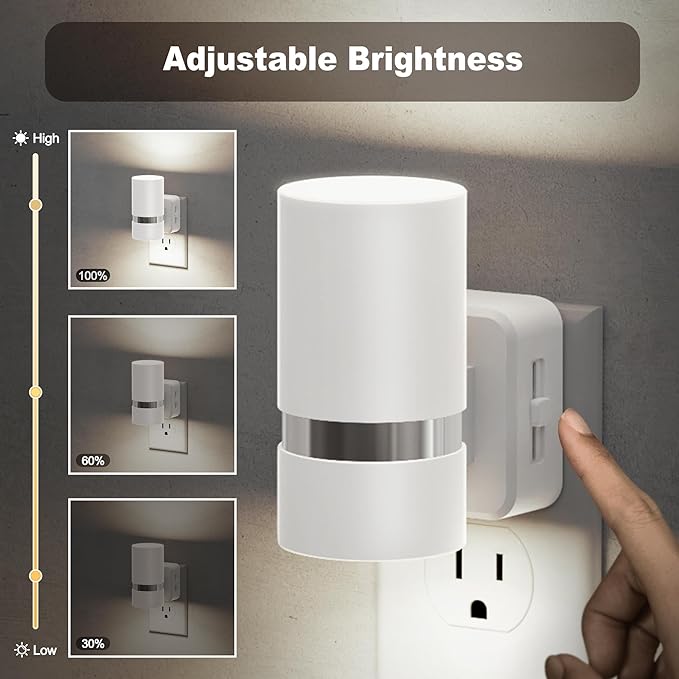 JandCase Night Lights Plug into Wall, Automatic Night Light with Dusk to Dawn, 2 Pack 5000K Daylight 0-100LM Dimmable Plug in LED Nightlight for Bedroom, Hallway, Stairs