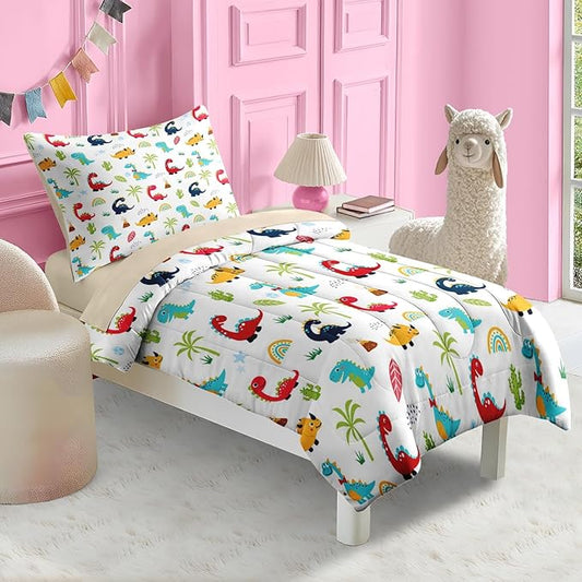 Nesker 4 Pcs Comforter Set Toddler Size, Cute Cartoon Dinosaur Bedding for Kids Teen, Colorful Dino Bed Sheet with Pillowcase & Sham