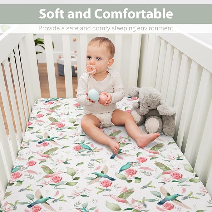 Hummingbird Greenery Floral Baby Crib Sheets for Boy Girl 28"x52" Spring Birds Leaves Soft Snug Fitted Crib Mattress Cover Forest Animals Nursery Baby Sheet for Standard Crib & Toddler Mattress Pad
