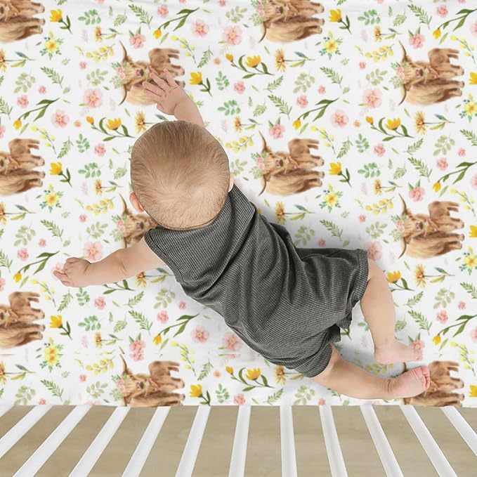 Highland Cows Boho Floral Baby Crib Sheets for Boy Girl 52x28Inch Yak Cattle Retro Flowers Leaves Soft Snug Fitted Crib Mattress Cover Farm Animal Baby Sheet for Standard Crib & Toddler Bed Mattress