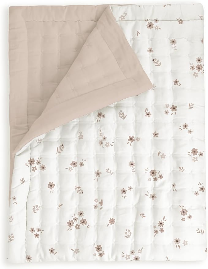MakeMake Organics Organic Twin Comforter GOTS Certified Organic Kids Blanket Cotton Infill Tufted - Reversible Ultra Soft Breathable Boys Girls (68"x88", Bloom + Solid Pecan)