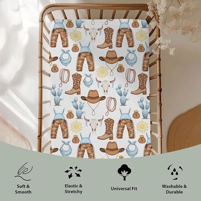 Cute Blue Western Cowboy Baby Crib Sheets for Boy 28"x52" Cowboy Boots Hat Cactus Skull Sun Soft Snug Fitted Crib Mattress Cover Wild West Desert Baby Sheet for Standard Crib & Toddler Mattress