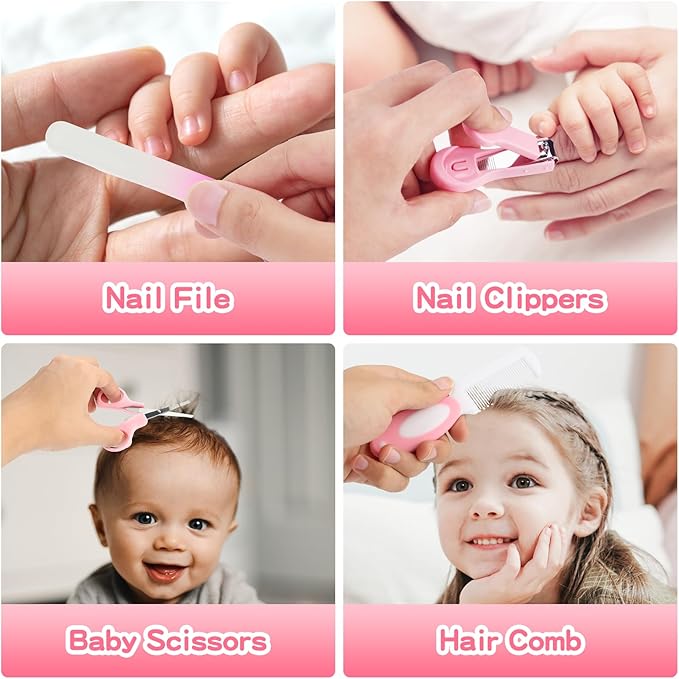Baby Healthcare and Grooming Kit, 21 in 1 Portable Baby Essentials Kit with Gas Relief Hair Brush Comb Nasal Aspirator for Newborn Boys Girls (Pink)