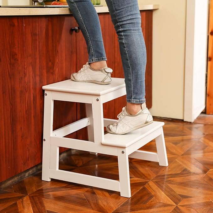 Kids Kitchen Step Stool for Kids with Safety Rail,Solid Wood Construction Toddler Learning Stool, Montessori Toddlers Kitchen Stool Tower (White)