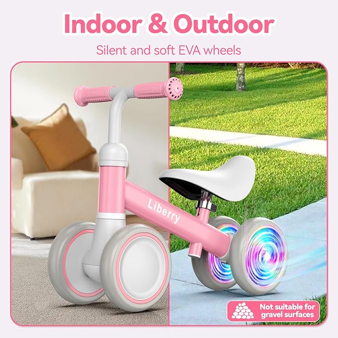 Liberry Light-Up Baby Balance Bike with Adjustable Seat, Toddler First Ride-On Toy for 1-2 Year Old, Girls Birthday Gift