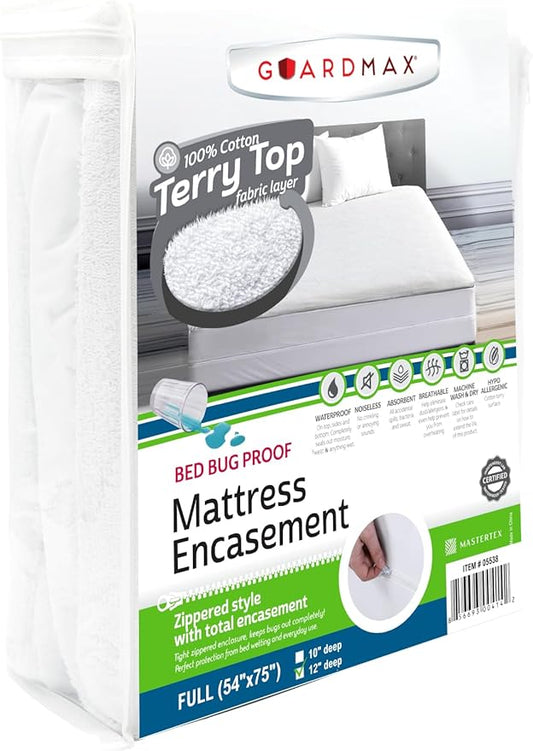 Guardmax Terry Cotton Zippered Mattress Encasement - Full Size - 100% Waterproof and Bed Bug Proof Mattress Protector - Absorbent Six-Sided Mattress Cover (Terry Cotton, Full)