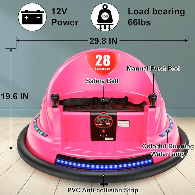 Edostory Electric Ride On Bumper Car Kids 12V 3-Speeds for Toddlers, 1.5-8 Years Old Baby Bumping Toy Cars, DIY Sticker Baby Toy Gifts, Remote Control, Bluetooth, 360 Spin ASTM-Certified Pink