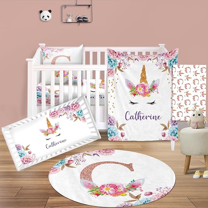 Custom Nursery Crib Bedding Set: Personalized Nursery Decor Baby Blanket Fitted Crib Sheet Changing Pad Cover Baby Room Rug Horn Pattern Gift Idea(Fixed Size)