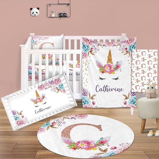 Custom Nursery Crib Bedding Set: Personalized Nursery Decor Baby Blanket Fitted Crib Sheet Changing Pad Cover Baby Room Rug Horn Pattern Gift Idea(Fixed Size)