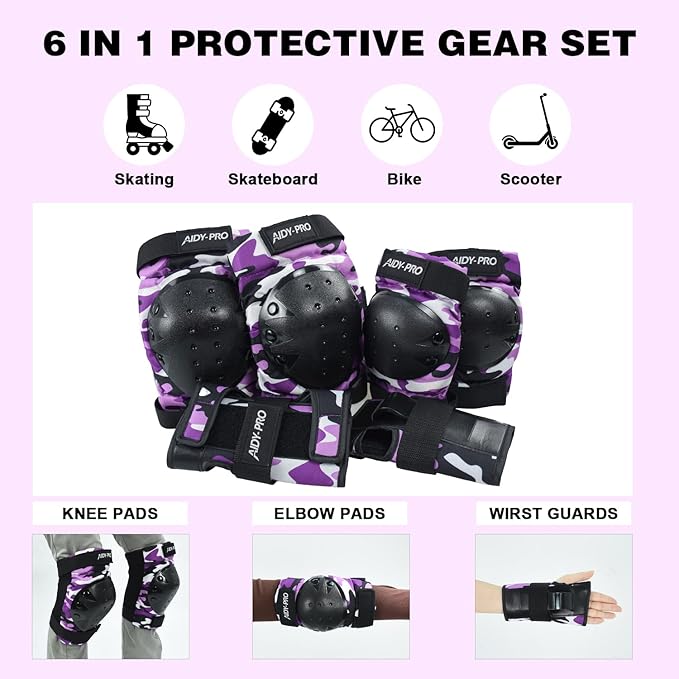 Adult/Youth/Kids Knee Pads and Elbow Pads Set Skateboard Protective Gear, 6 in 1 Knee Guards Kids Wrist Guards for Roller Skating Skateboarding Biking