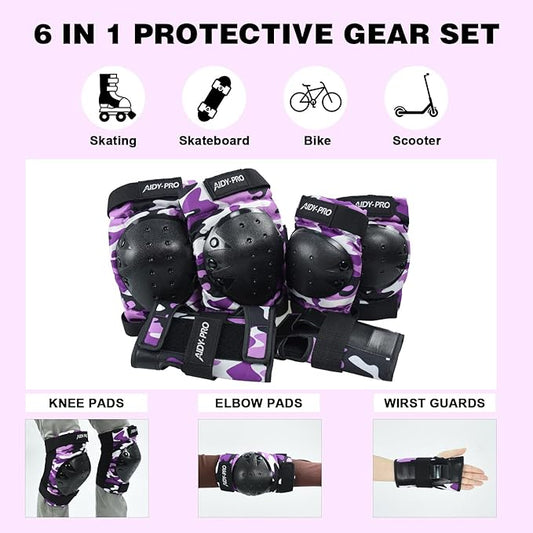 Adult/Youth/Kids Knee Pads and Elbow Pads Set Skateboard Protective Gear, 6 in 1 Knee Guards Kids Wrist Guards for Roller Skating Skateboarding Biking