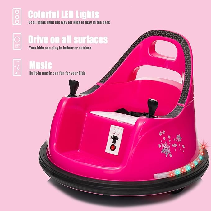 FINITO 12V Ride On Electric Bumper Car for Toddlers with Remote Control, 360 Degree Spin, LED Lights, Music, Safety Belt for Age 3+ Years Kids, Gift for Boys and Girls, Rose Pink