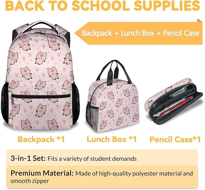 AIOMXZZ Pig Backpack with Lunch Box and Pencil Case, 16 Inch Cute Pig Bookbag Durable, Lightweight, Large Capacity, Funny Animal Backpack for School Girls Kids Women