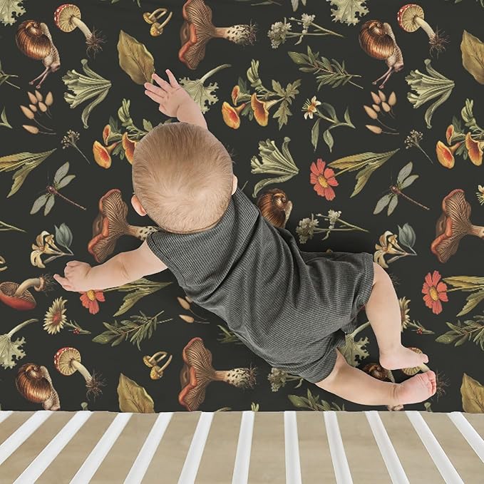 Fairytale Mushroom Baby Crib Sheets for Boy Girl 52x28Inch Retro Mushrooms Floral Leaves Soft Snug Fitted Crib Mattress Cover Magical Plant Baby Sheet for Standard Crib & Toddler Bed Mattress
