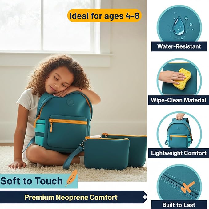 Kaywee 3pc Neoprene Kids Backpack SET 13inch | 2 zipper pouch & AirTag holder for kids | Preschool backpack for school | BLUE Toddler backpack boy and girl Ages 3-8