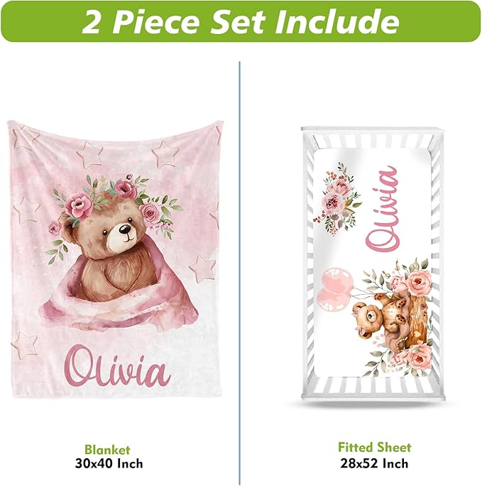 Personalized Baby Crib Bedding Set, Custom Name Pink Bear Theme Baby Bedding 2-Pcs Set - Soft Double Layer Dotted Blanket and Fitted Sheet, Nursery Bedding for Newborn Boys Girls, Perfect Shower Gift