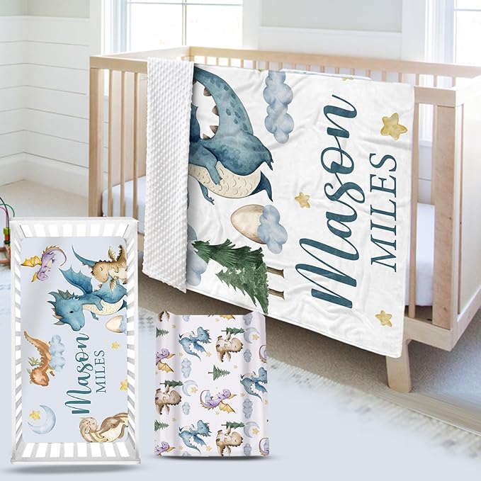 Custom Name Crib Bedding Set 3-Piece – Blue Dinosaur Design Baby Bedding Set with Personalized Soft Blanket, Fitted Sheet, Changing Pad Cover – Ideal Newborn Gift for Boys and Girls