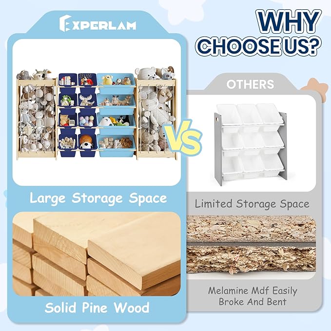 EXPERLAM Toy and Stuffed Animal Storage, 12-Bin Toy Shelf with Double-Sided Stuffed Animal Holder & Thicker Elastic Ropes, Space-Saving Solid Wood Toy Organizer for Playroom, Nursery, Bedroom, Blue