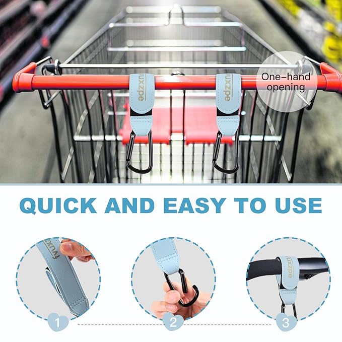 2 Pack Stroller Hooks for Hanging Diaper Bags and Shopping Bags, Accessories for Stroller and Shopping Cart, Heavy Duty Durable Large Carabiner, Advanced Faux Leather, Baby Blue