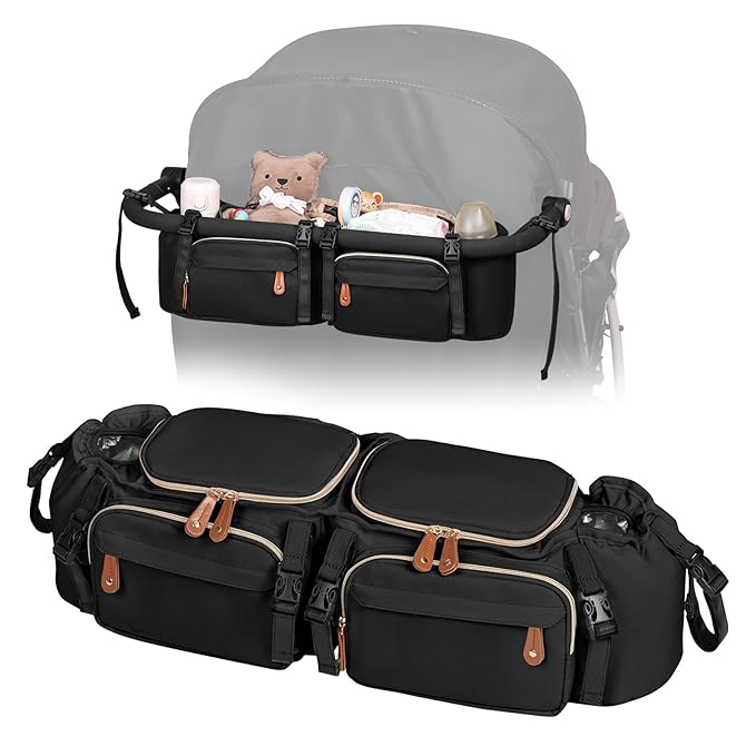 Boomistry Double Stroller Organizer for Bob Duallie and Baby Jogger City Mini GT2, Double Stroller Caddy Organizers with Cup Holder and 2 Cooler Pockets Parent Console Double Stroller Accessories