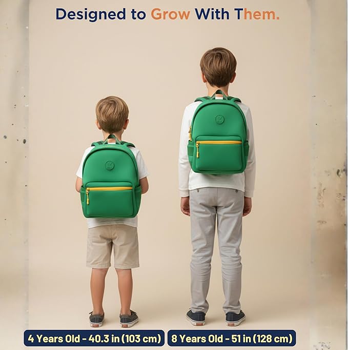 Kaywee 3pc Neoprene Kids Backpack SET with 2 zipper pouch & kids airtag holder | Elementary School backpack |Green Kids Superhero Backpack Boys and Girls Ages 3-8 Toddler airplane travel essentials