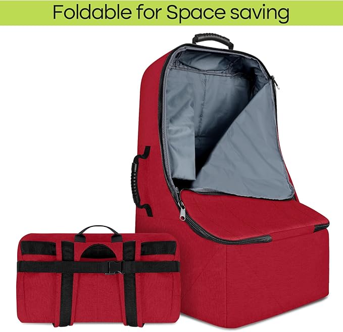 ZRRAJOY Padded Car Seat Travel Bag for Airplane, Heavy Duty Backpack for Air Travel, Water-Resistant Carrier with Shoulder Strap, Fits Most Car Seats (Red)