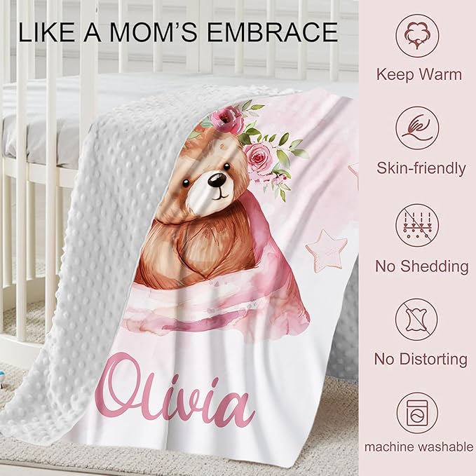 Personalized Baby Crib Bedding Set, Custom Name Pink Bear Theme Baby Bedding 2-Pcs Set - Soft Double Layer Dotted Blanket and Fitted Sheet, Nursery Bedding for Newborn Boys Girls, Perfect Shower Gift