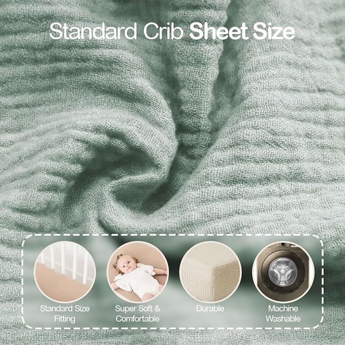 Mère & Moi Muslin Fitted Crib Sheets – 100% Cotton, Ultra-Soft & Breathable Baby Bedding for Standard Crib & Toddler Mattress (28” x 52”) - 2 Pack (Green and Cream)