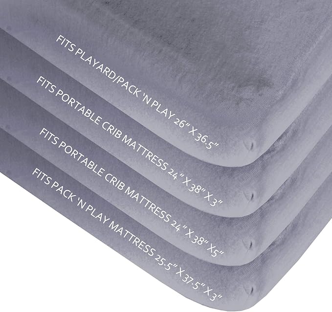 4-Pack Fitted Pack and Play Sheets for Boys and Girls - Breathable, Soft Microfiber Baby Sheets in Grey and White