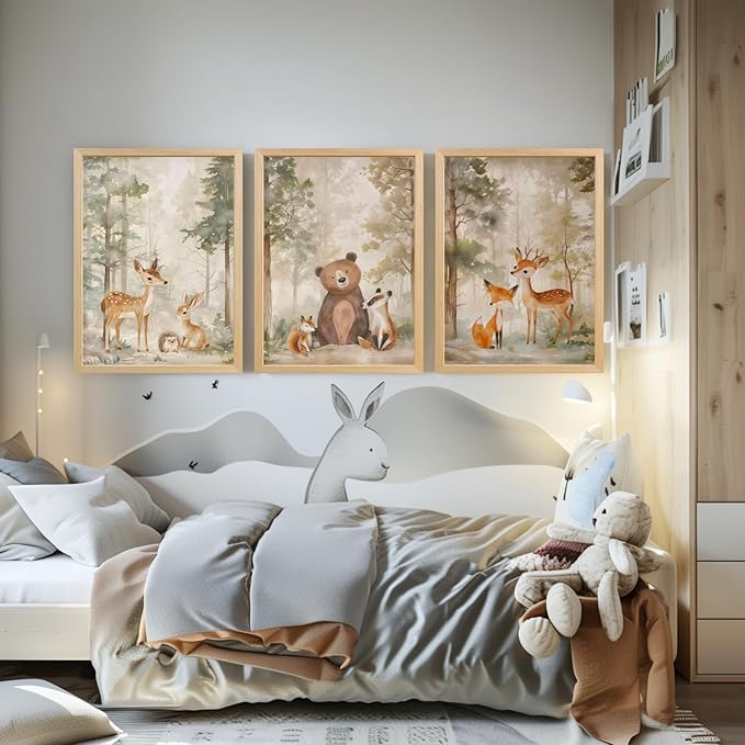 LLEEMPI Woodland Nursery Wall Decor Set of 3, Cute Forest Animal Wall Art, Bear Fox Deer Watercolor Canvas Prints, Vintage Nature Poster Prints for Kids Bedroom Bathroom Playroom Wood Framed 16x24 Inch