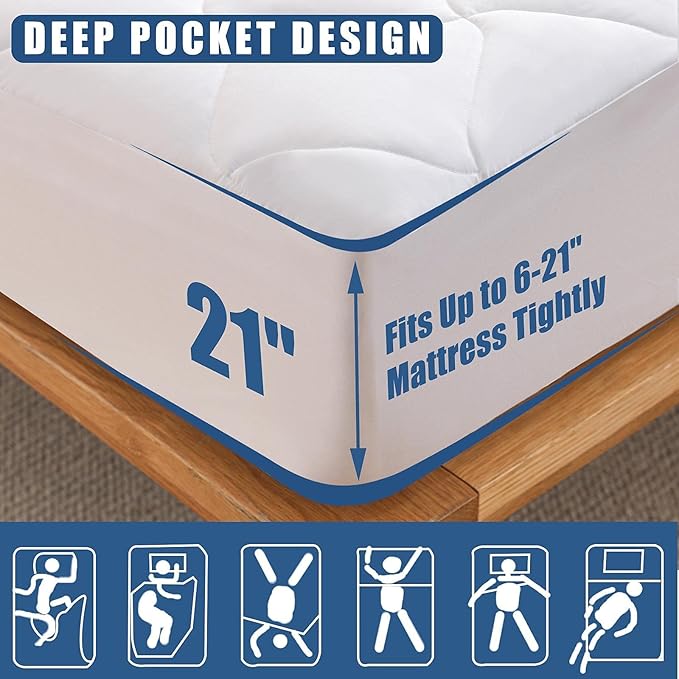 Twin XL Size Quilted Fitted Mattress Pad, Waterproof Breathable Cooling Mattress Protector, Stretches up to 21 Inches Deep Pocket Hollow Cotton Alternative Filling Noiseless Mattress Cover