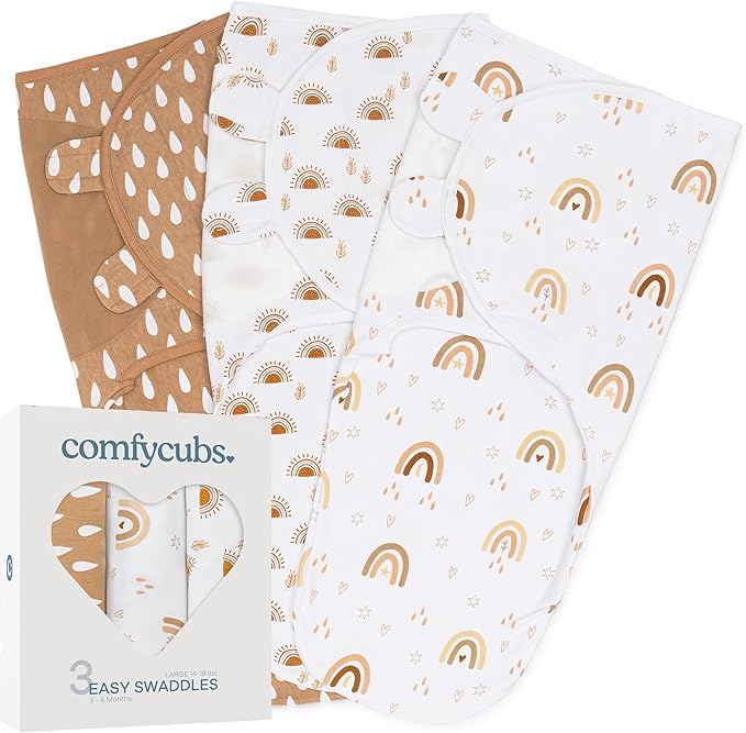 Comfy Cubs Easy Swaddle Blanket, 3 Pack - 100% Cotton Newborn Wrap, Large for 3-6 Months Infants, with Adjustable Velcro, Breathable and Durable Sleep Sack for Babies - Rainbow Bohemian