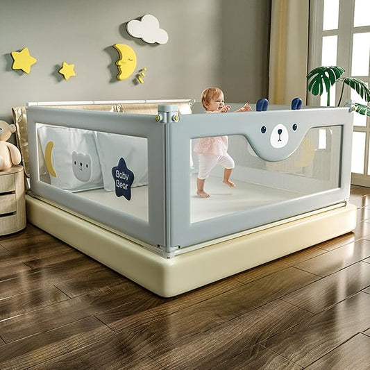 3-Piece U Type Toddler Bed Rails, Folding Baby Bed Guard for Kids, Adjustable, Safety, Convenient Bed Rails, Guard Rail for Twin, Full, Queen& King Size (Grey Cartoon, 74.8x78.74x78.74 Inch)