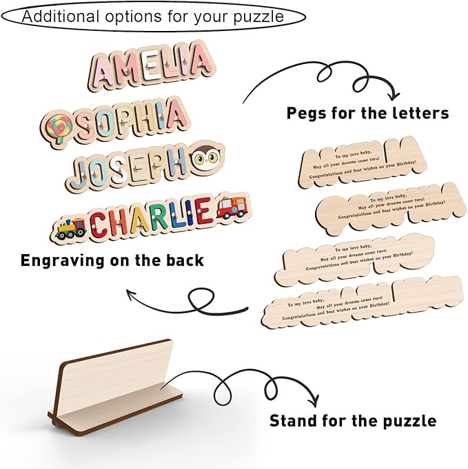 Personalized Name Puzzle for Kids, Personalized Baby Custom Name Puzzles for Toddlers 1-3, Customized 1st Birthday for Girls & Boys Wooden Wave Puzzle Montessor Toys for Kids