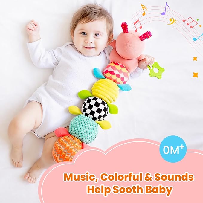 Baby Toys 0-6 Months, Washable Baby Musical Caterpillar Toys with 10 Kid's Songs,Rattles,BabyTeething Toys,Suitable for 0-6, 6-12 Months Infant Tummy Time Toy,Newborn Baby Boy&Gril Gifts(Pink)