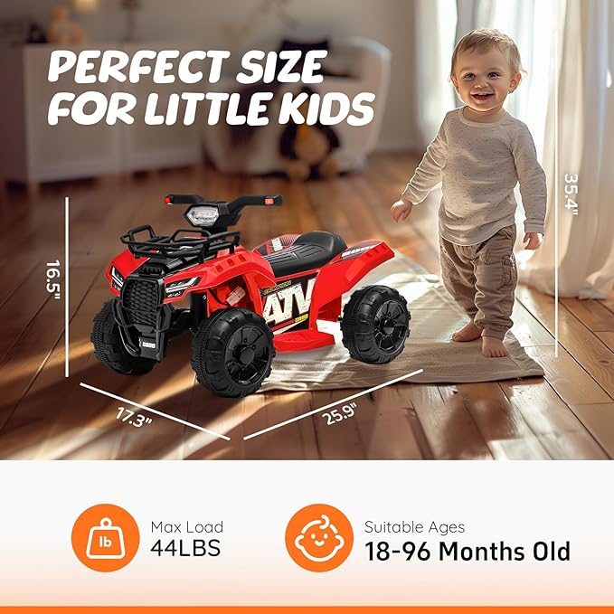 ATV for Kids, 6V Battery Powered Toddler 4 Wheeler w/Music, Light, 1.2mph Max Speed, Kids ATV 4 Wheeler for Toddlers Aged 1.5-3 Years Old, Red