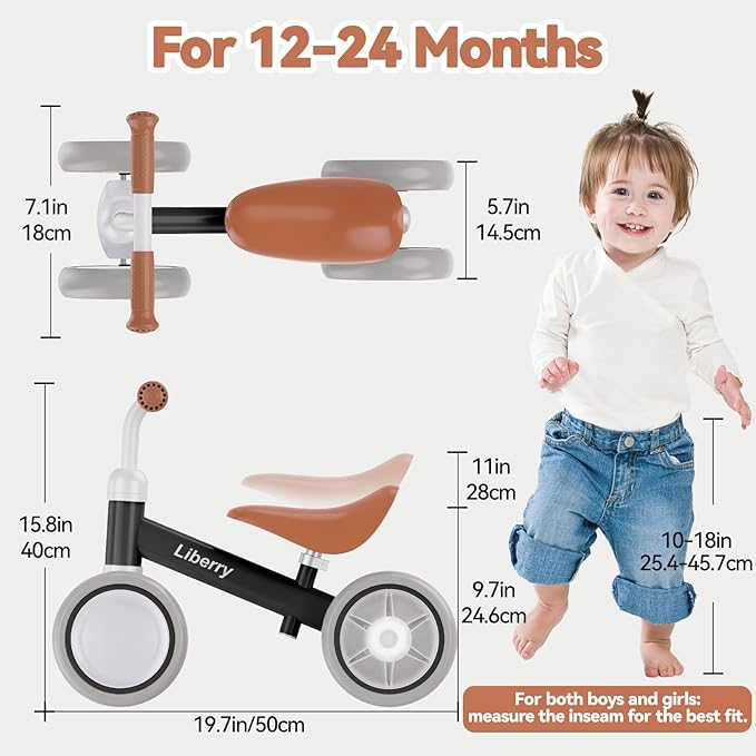 Liberry Light Up Baby Balance Bike 1 2 Years, Ride Toys with Adustable Seat for Boys Girls, First Birthday Gift for Toddlers, Black