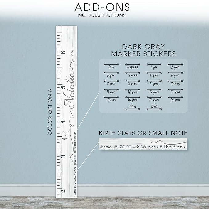Wooden Kids Growth Height Chart Ruler for Boys and Girls Painted or Engraved (Script Ribbons)