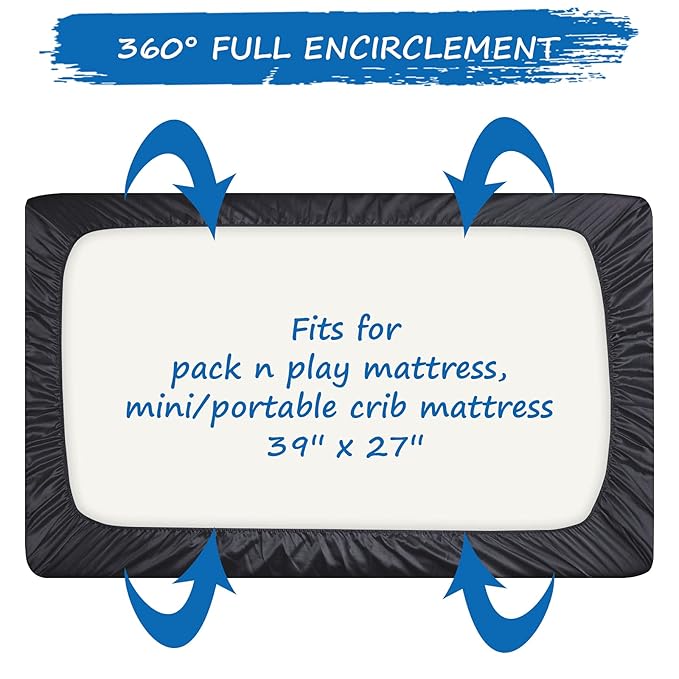 Satin Pack and Play Sheet Fitted, Soft & Silky Mini Crib Mattress Sheet (39"x27"x5") for Boys and Girls, Satin Playard Sheets for Baby Hair and Skin, Black