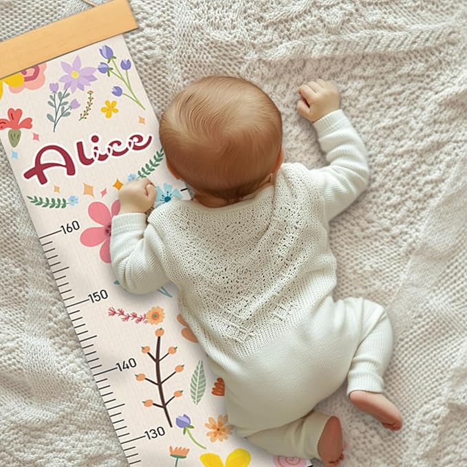 Woodemon Personalized Name Growth Chart for Wall, Painted Plants Canvas Height Chart for Kids Baby Child Toddler, Canvas Growth Chart for Wall Nursery Decor, Hangable & Waterproof
