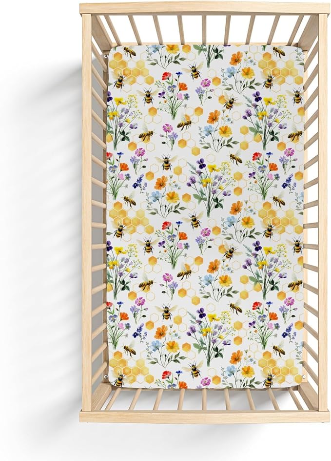 Boho Wildflower Bees Honeycomb Baby Crib Sheets for Boy Girl 52x28Inch Watercolor Honeybee Floral Soft Snug Fitted Crib Mattress Cover Summer Baby Sheet for Standard Crib and Toddler Bed Mattress