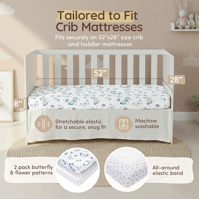 Baby Crib Sheets Girls Toddler Bed Sheets Cotton Fitted Crib Sheet Floral Sets 28"x52", 8" Deep Pocket, Baby Mattress Sheet 2Pack 100% Cotton Beddings, Designed in France, Pink, Butterfly Pattern