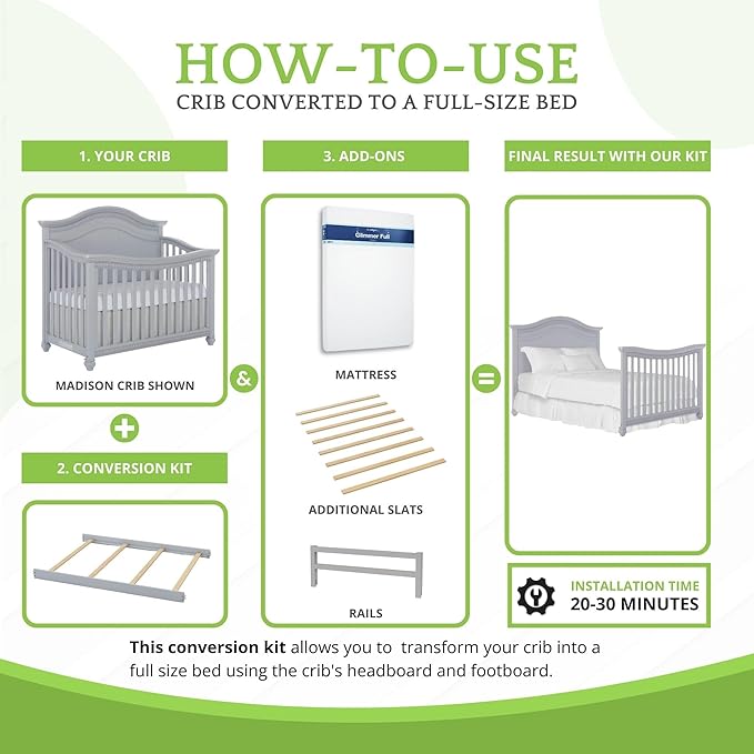 Full-Size Conversion Kit Bed Rails for Evolur Cribs - Solid Wood Crib Convertible Kit to Kids Bed - Transitional Style Rails & Easy-to-Install Child Essentials for Safety (Silver Shimmer)