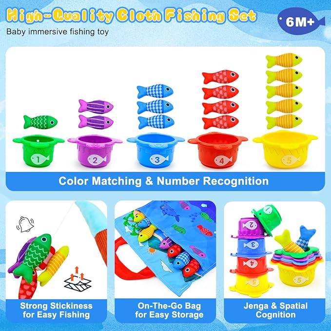 Montessori Toys for 1+ Year Old – 23 PCS Fishing Game with 2 Poles & 15 Fish, 10-in-1 Cloth Fishing Toys for Counting, Color & Shape Learning, Toys for 1 2 3 Year Old Boys Girls Gifts