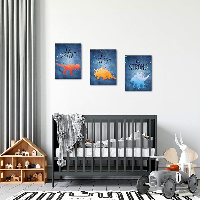 Apicoture Navy Blue Dinosaur Kids Room Wall Decor Brave Happy Cartoon Quotes Dinosaur Paintings Canvas Wall Art Pictures For Childrens Bedroom Framed, 12"X16"X3 Panels (Blue)