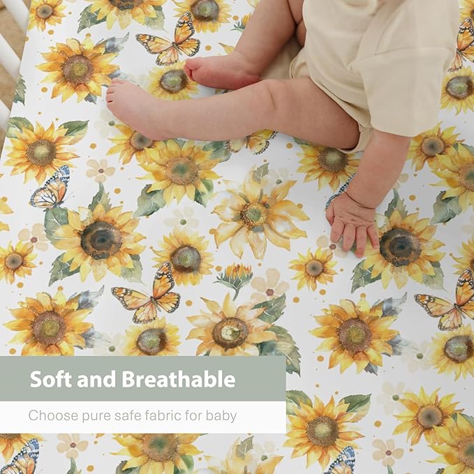 Boho Sunflowers Butterflies Baby Crib Sheets for Boy Girl 52x28Inch Yellow Sunflower Leaves Soft Snug Fitted Crib Mattress Cover Spring Summer Baby Sheet for Standard Crib and Toddler Bed Mattress