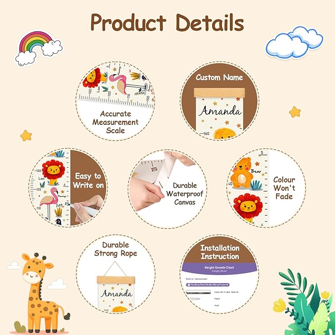 Personalized Name Baby Height Growth Chart Wall, Animal Canvas Kids Height Wall Chart Removable, Waterproof Height Chart Nursery Wall Decor for Baby Kids Toddlers