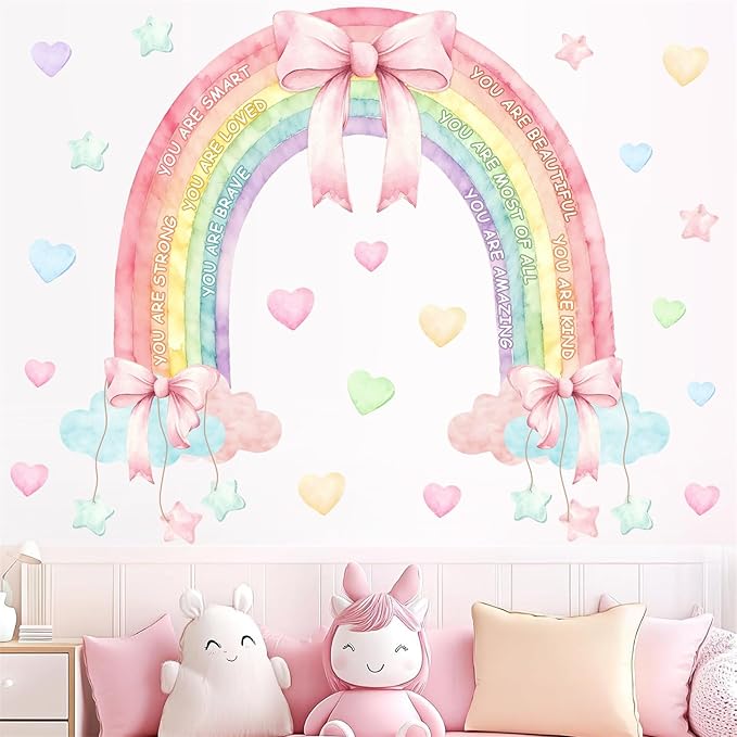 Large Watercolor Rainbow Wall Decals Pastel Pink Bow Wall Decor Kids Inspirational Vinyl Sticker Peel and Stick You are Loved Self-Affirmation Clouds Art Mural for Baby Girls Bedroom Nursery Playroom